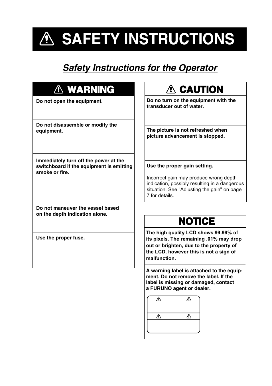 Safety instructions, Warning, Caution | Notice, Safety instructions for the operator | Furuno LS-6100 User Manual | Page 4 / 47