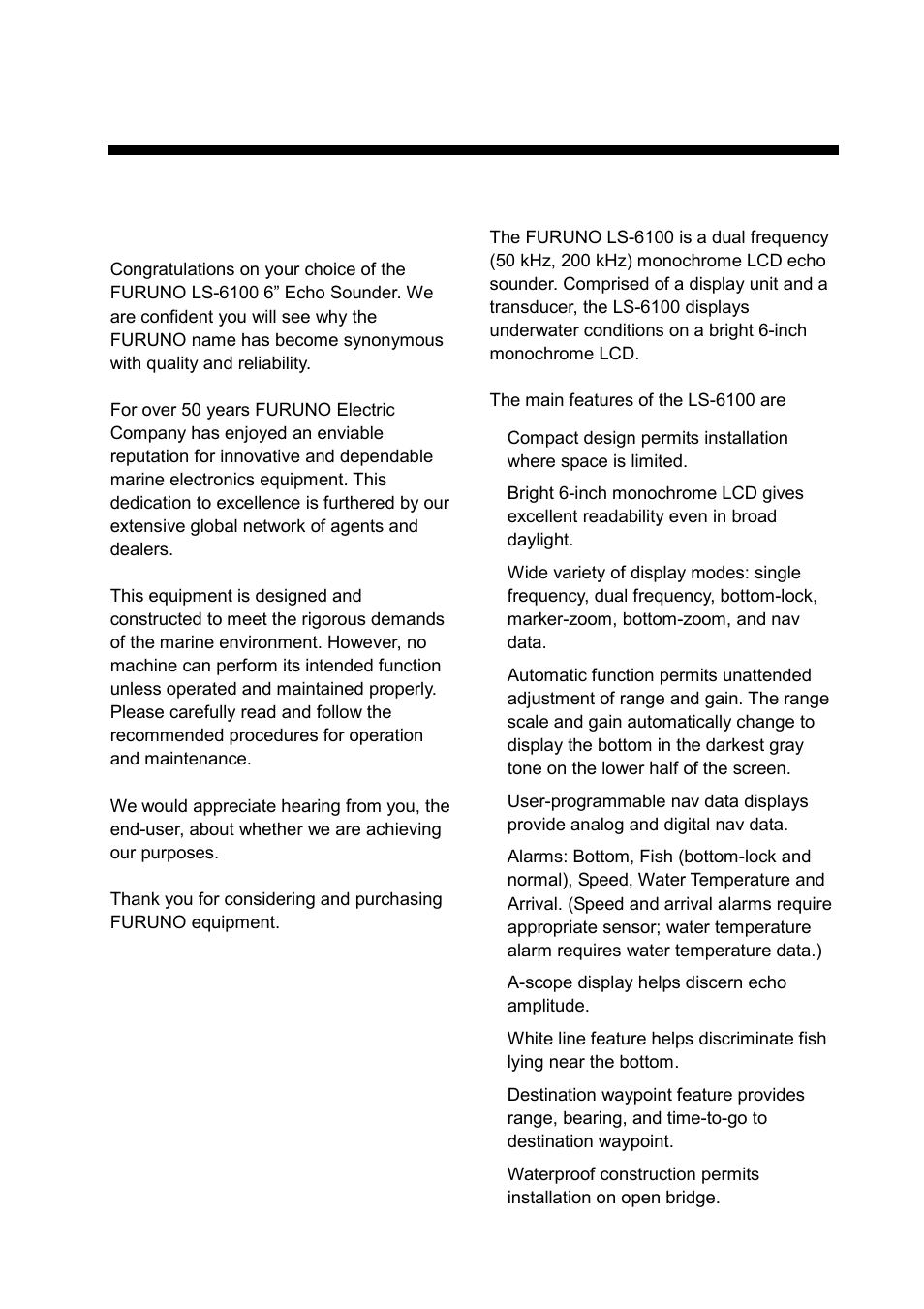 Foreword, A word to ls-6100 owners, Features | Furuno LS-6100 User Manual | Page 6 / 47