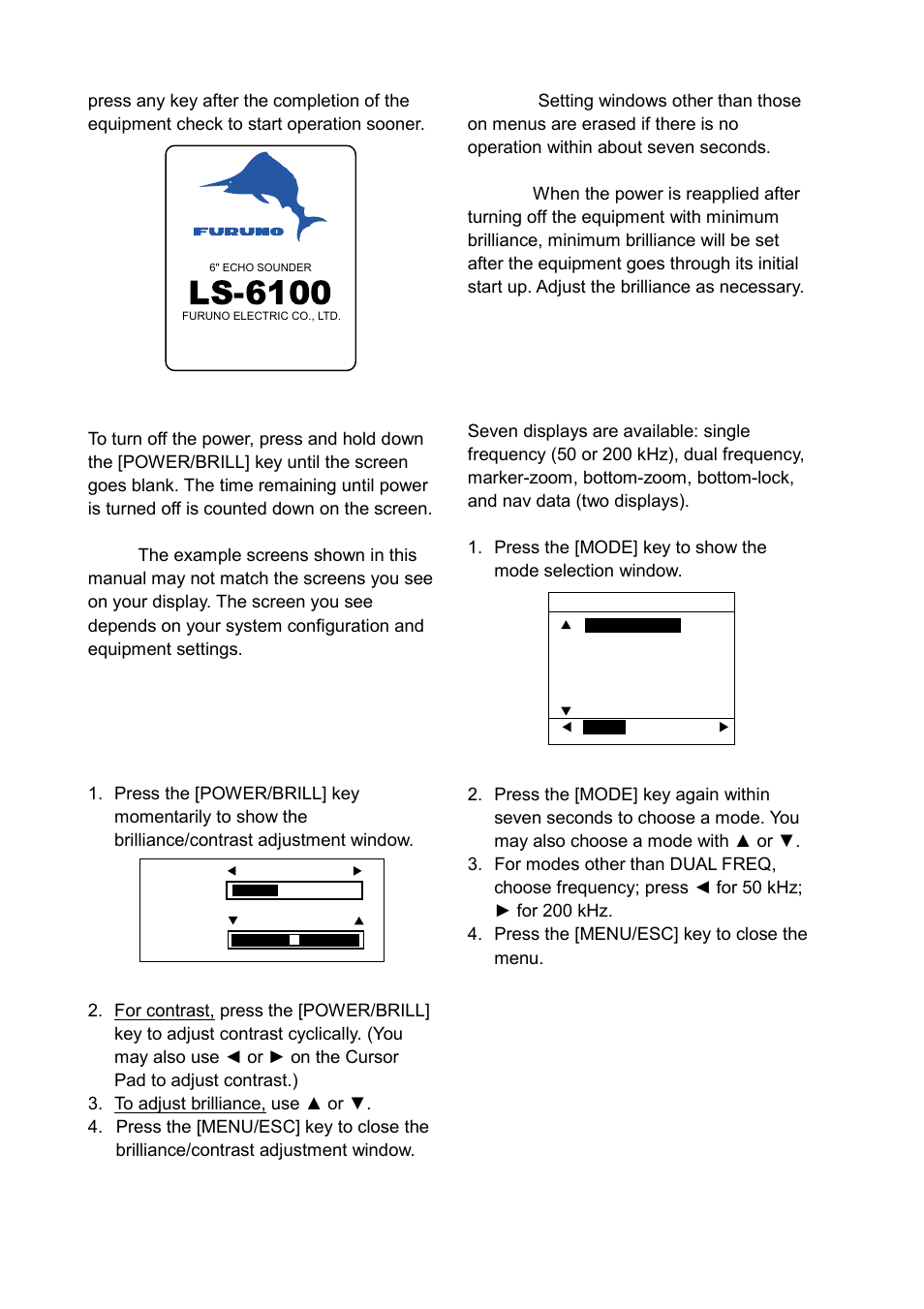 3 adjusting display contrast, brilliance, 4 choose a display frequency, Ls-6100 | 4 choosing a display, frequency | Furuno LS-6100 User Manual | Page 9 / 47