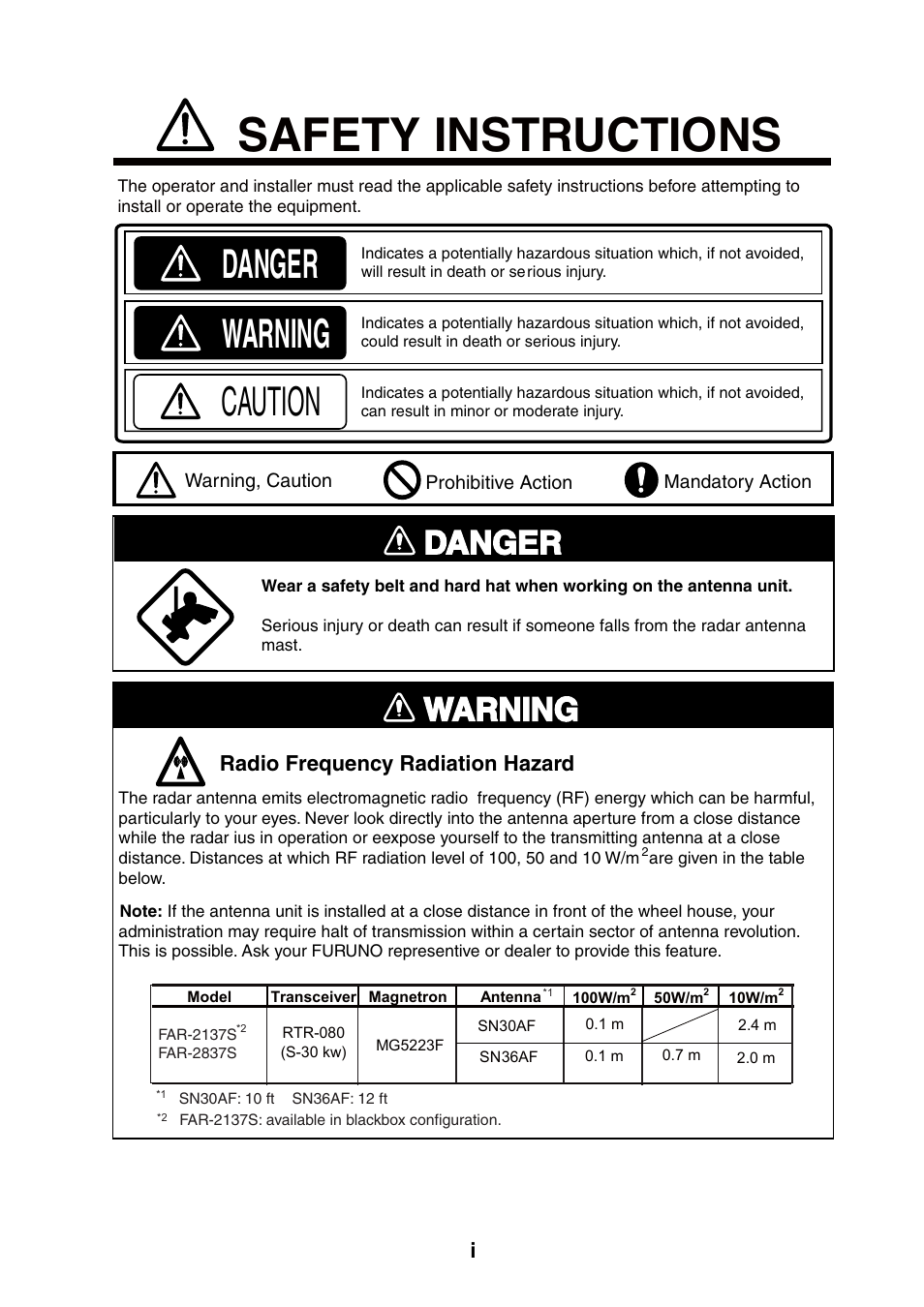 Safety instructions, Warning, Caution | Danger, Radio frequency radiation hazard | Furuno 2837S User Manual | Page 3 / 123