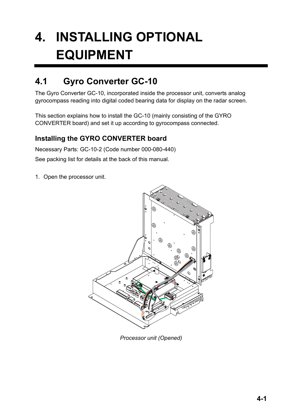 Installing optional equipment, 1 gyro converter gc-10, Installing the gyro converter board | Processor unit (opened) | Furuno 2837S User Manual | Page 63 / 123