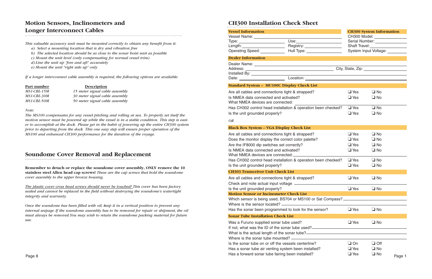 Ch300 installation check sheet, Soundome cover removal and replacement | Furuno CH300 User Manual | Page 11 / 12
