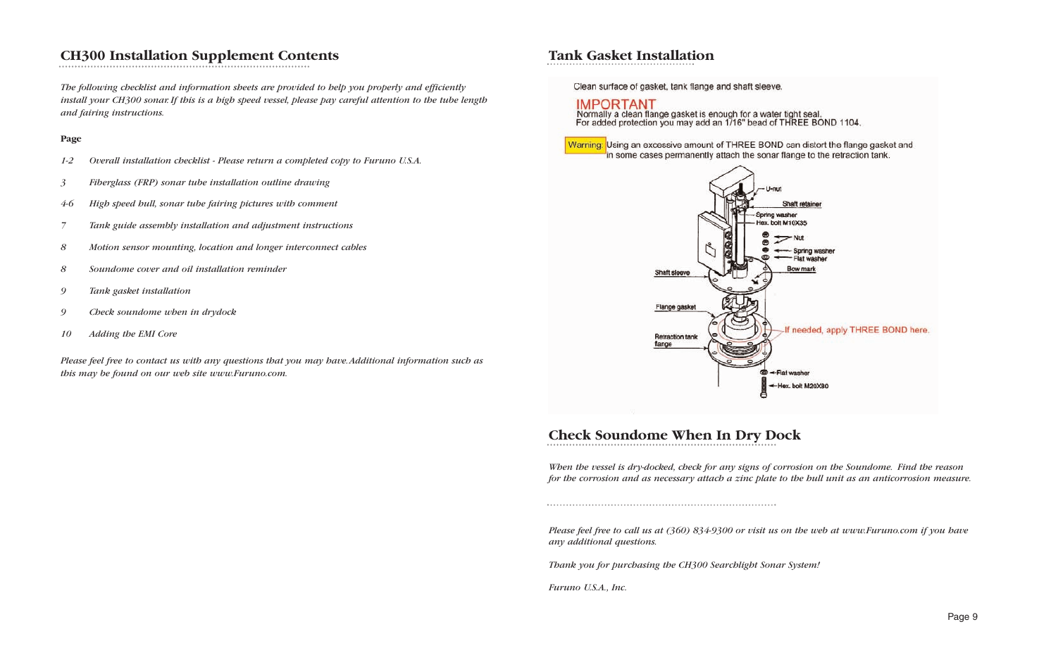 Ch300 installation supplement contents, Check soundome when in dry dock, Tank gasket installation | Furuno CH300 User Manual | Page 2 / 12