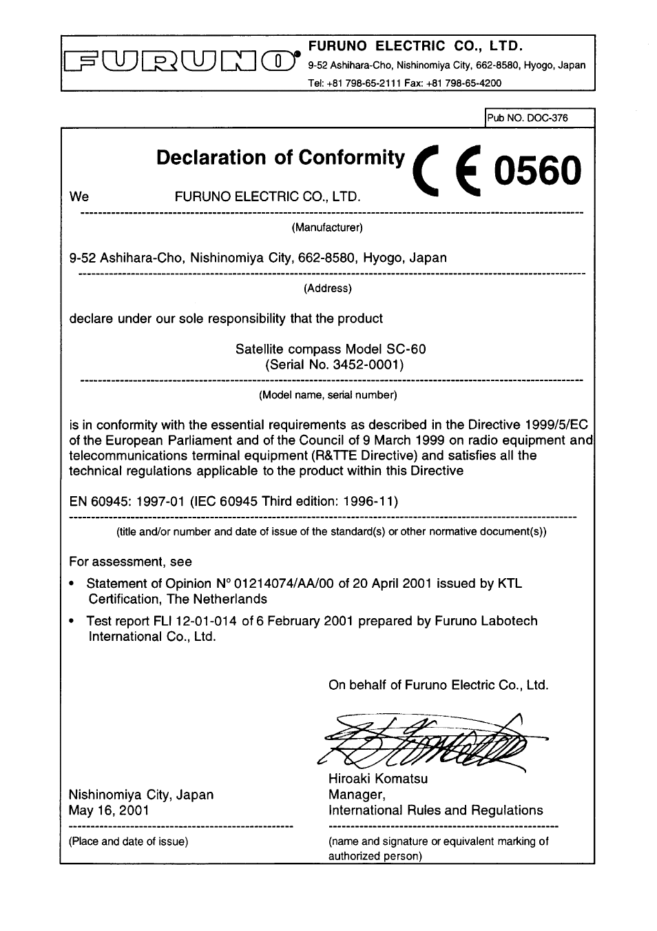 Declaration of conformity | Furuno SC-60 User Manual | Page 106 / 106