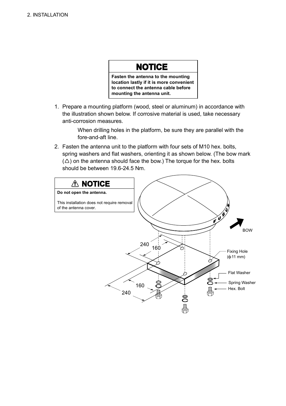 2 installing the antenna units, Notice, 1 sc-series antenna unit | Furuno SC-60 User Manual | Page 18 / 106