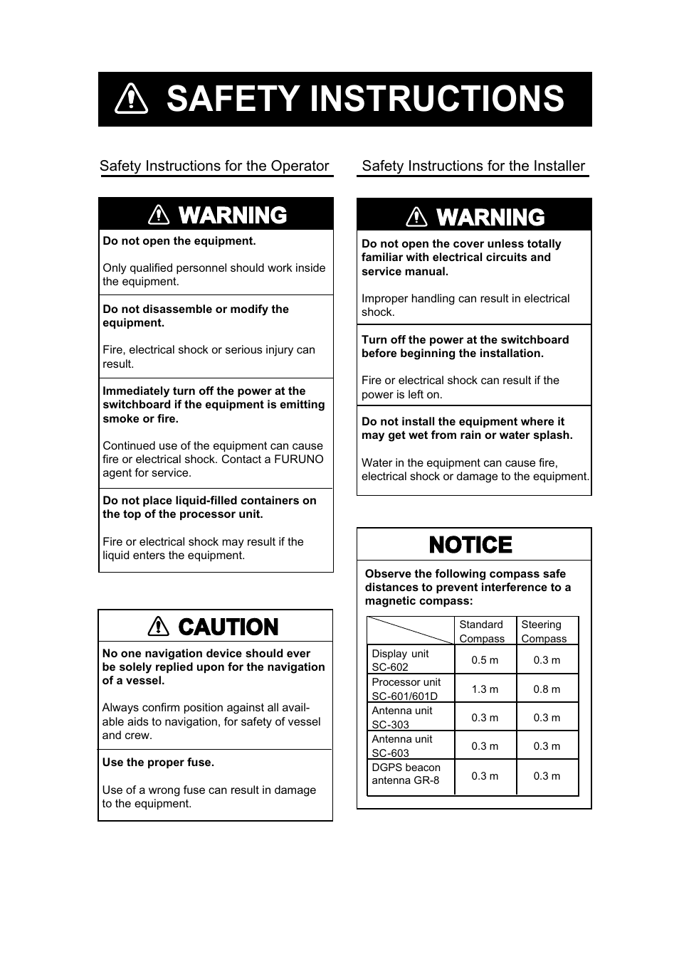 Safety instructions, Warning, Caution | Notice | Furuno SC-60 User Manual | Page 3 / 106