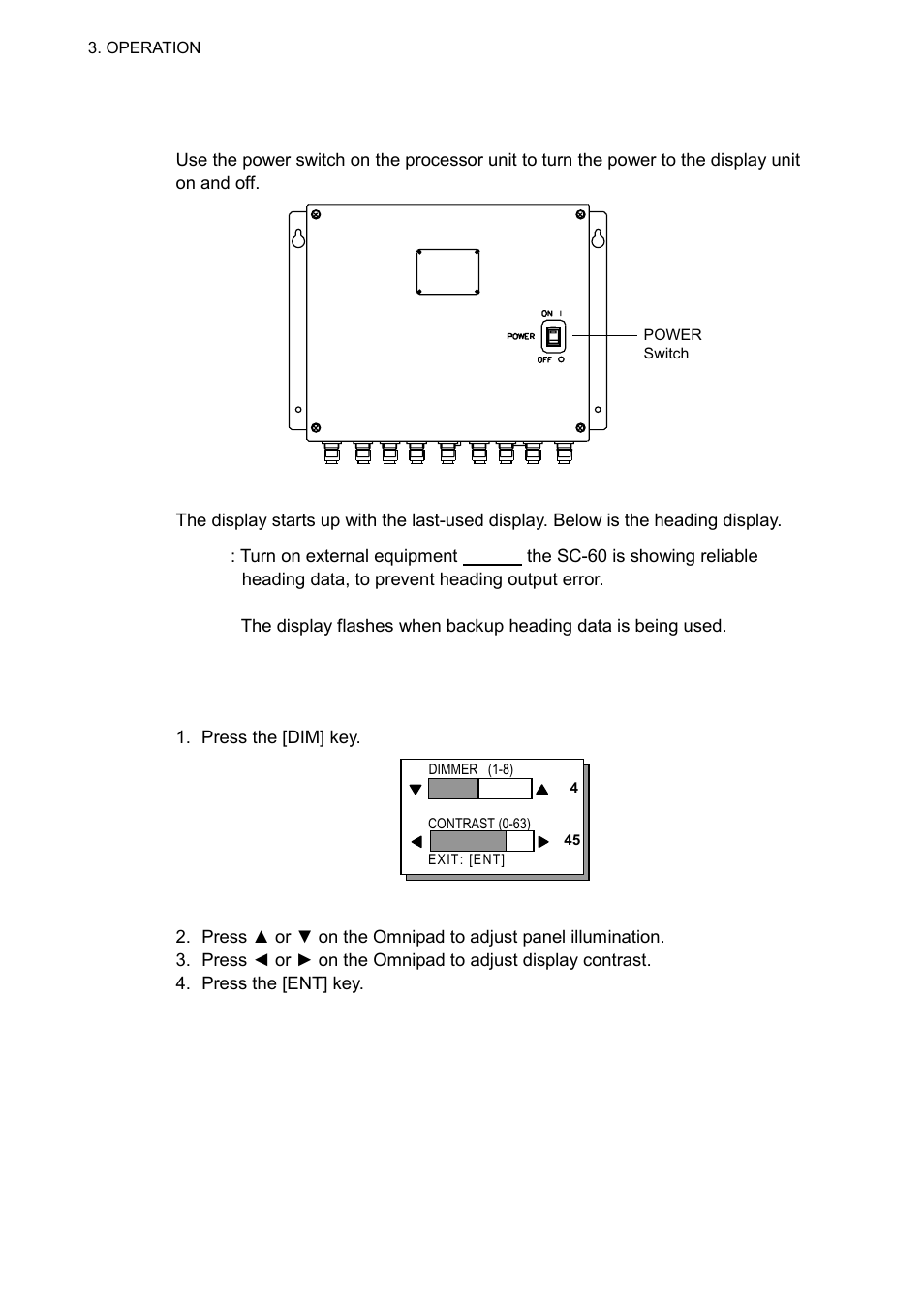 2 turning the power on/off, 3 panel illumination, display contrast | Furuno SC-60 User Manual | Page 40 / 106