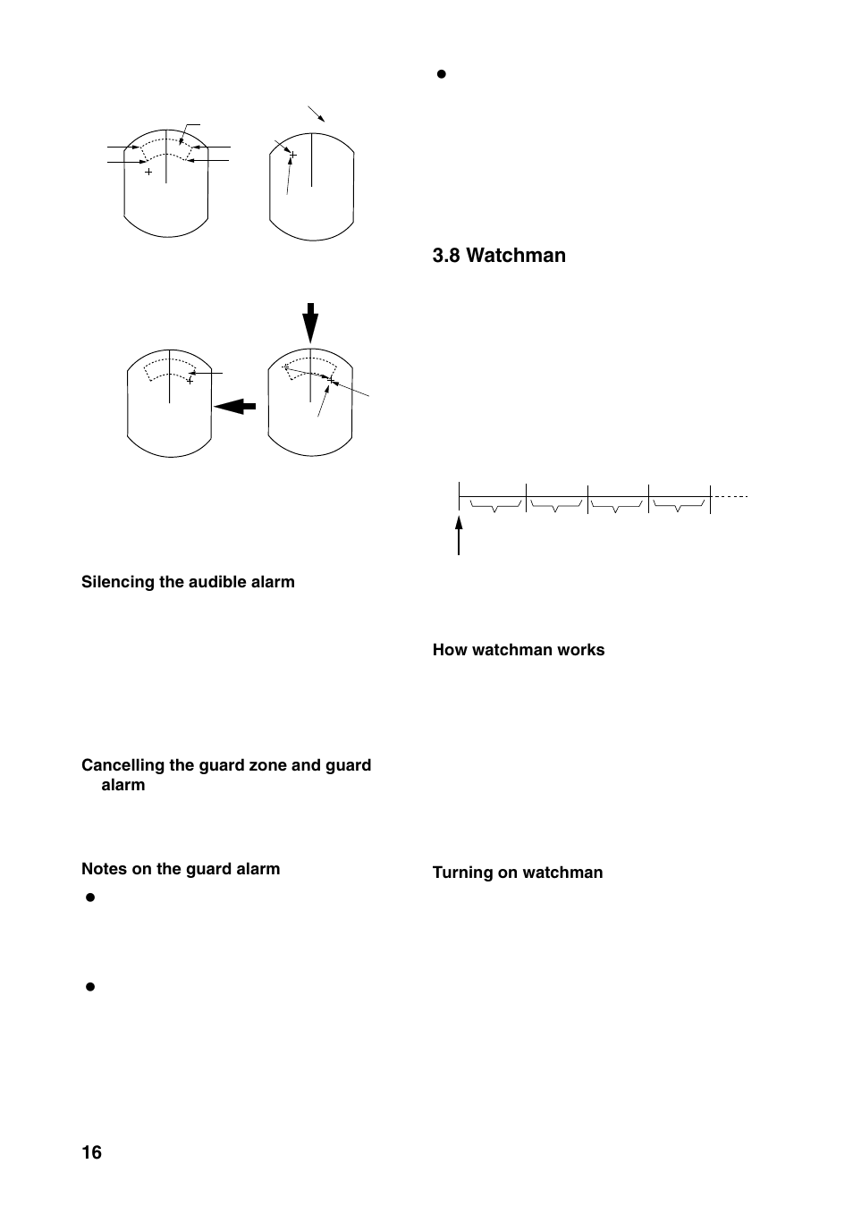 8 watchman, Figure 3-8 how to set the guard zone, Figure 3-9 how watchman works | Furuno 1832 User Manual | Page 30 / 64