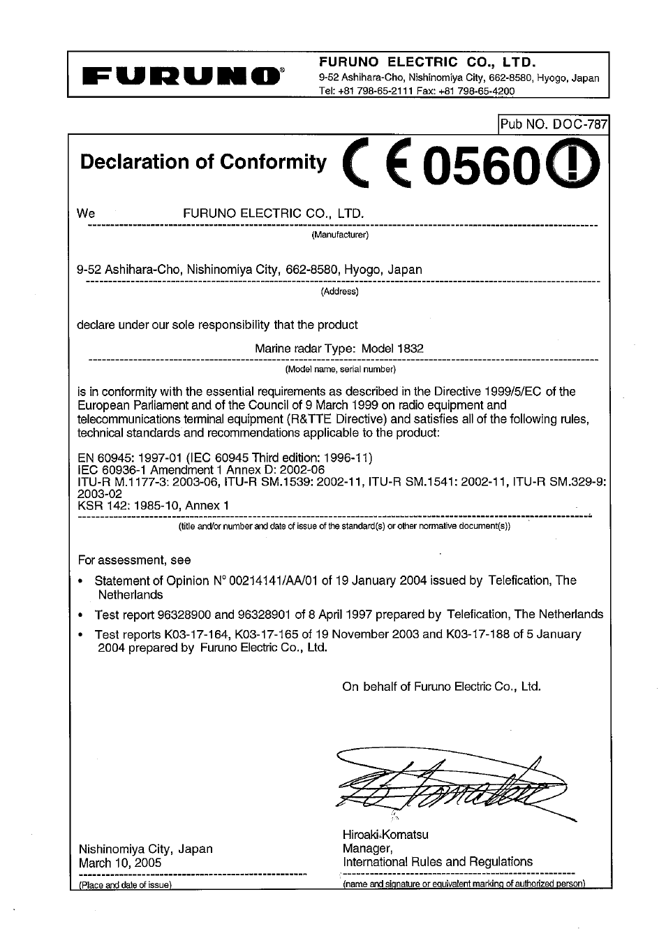 Declaration of conformity | Furuno 1832 User Manual | Page 64 / 64