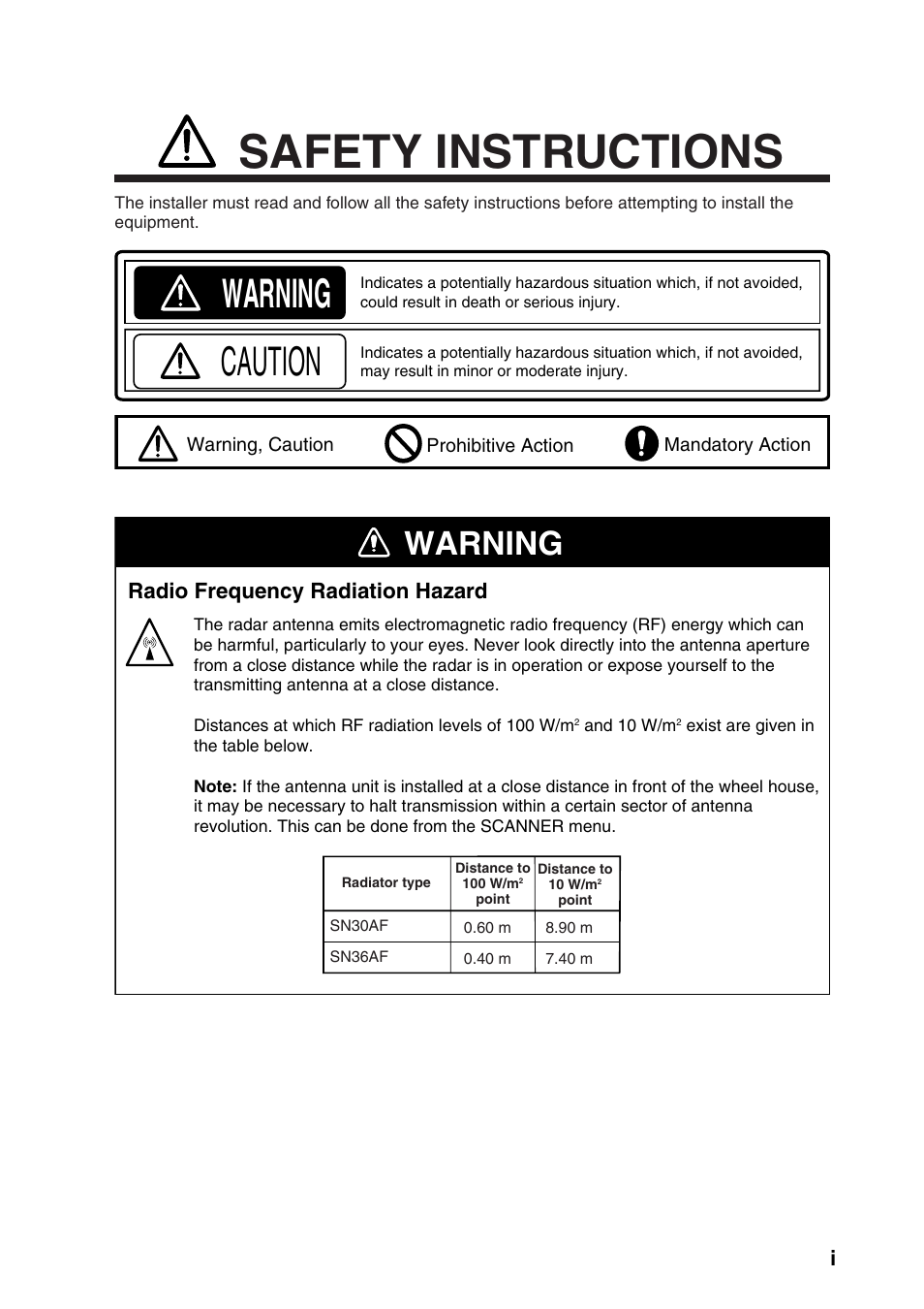 Safety instructions, Warning, Caution | Radio frequency radiation hazard | Furuno FAR2167DS-BB User Manual | Page 2 / 109