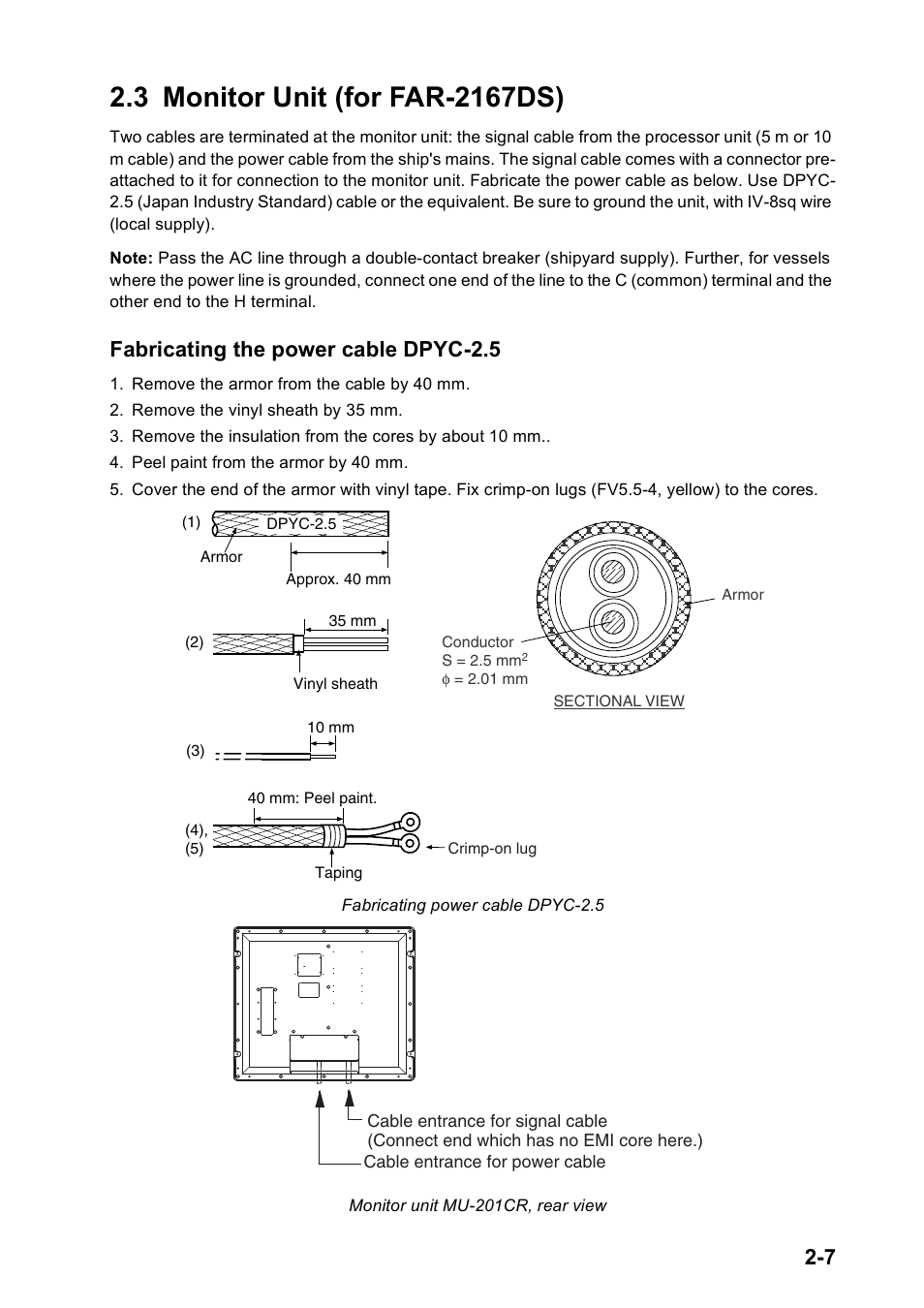 3 monitor unit (for far-2167ds), Fabricating the power cable dpyc-2.5 | Furuno FAR2167DS-BB User Manual | Page 30 / 109