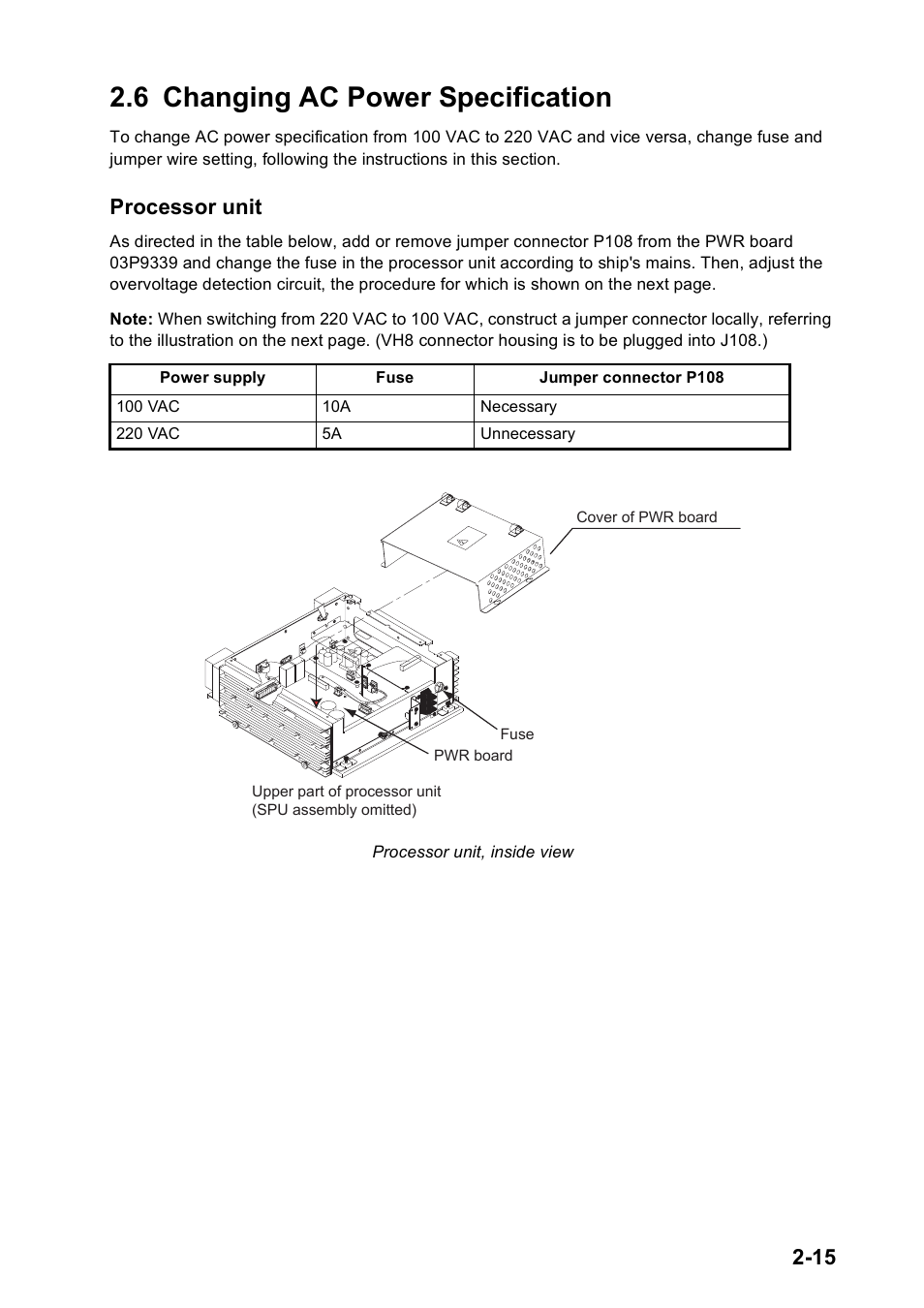 6 changing ac power specification, Processor unit | Furuno FAR2167DS-BB User Manual | Page 38 / 109
