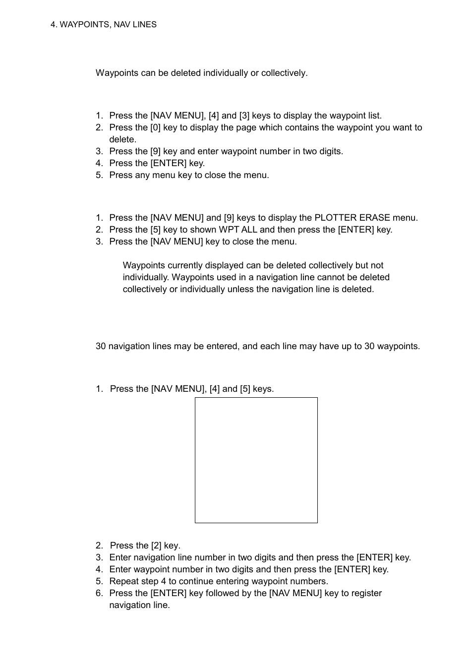 4 deleting waypoints, 5 navigation lines, 1 deleting individual waypoints | 2 deleting all waypoints, 1 entering new navigation line | Furuno RP-250 User Manual | Page 26 / 73