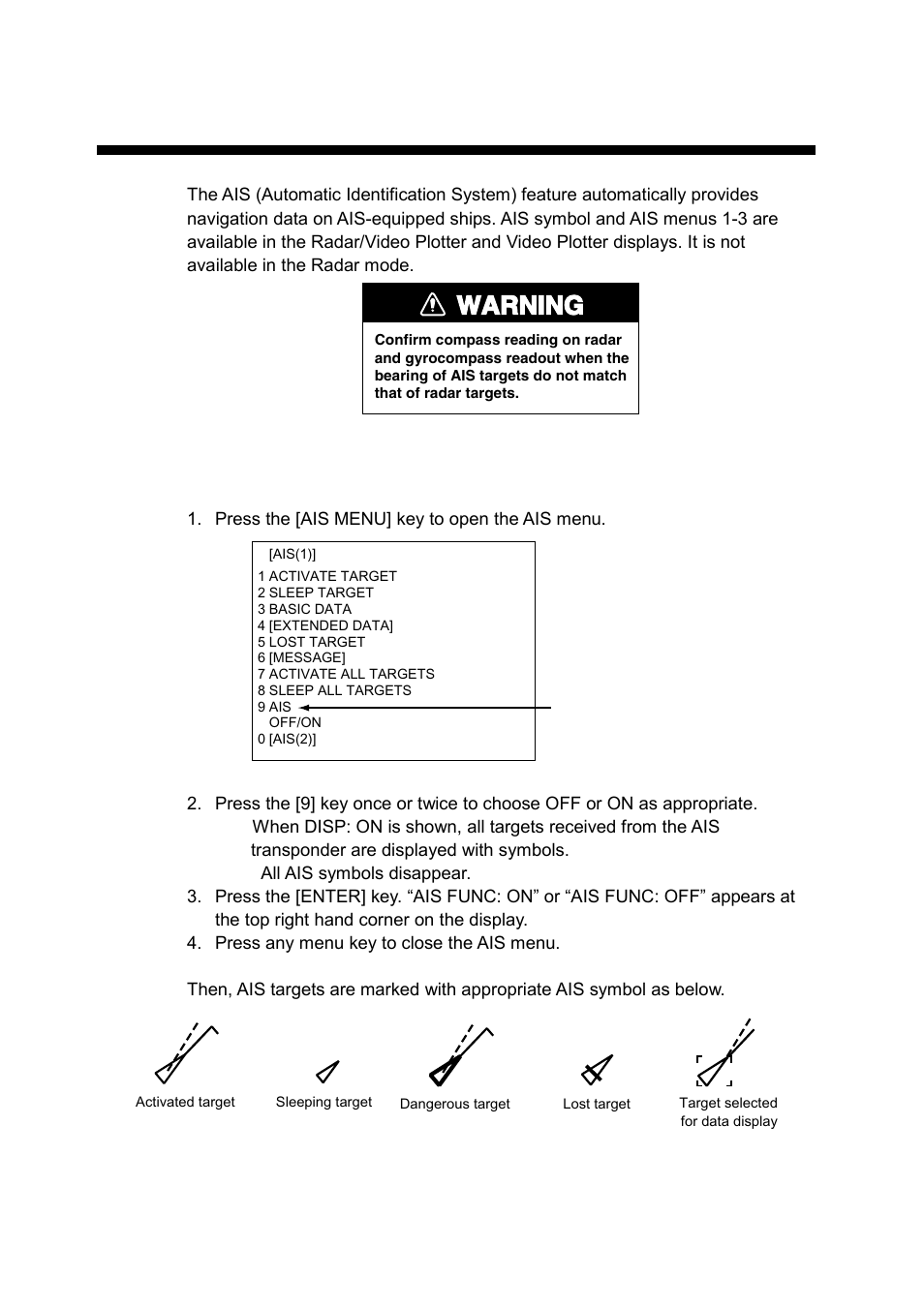 7 ais operation, 1 turning ais feature on/off, Warning | Furuno RP-250 User Manual | Page 37 / 73