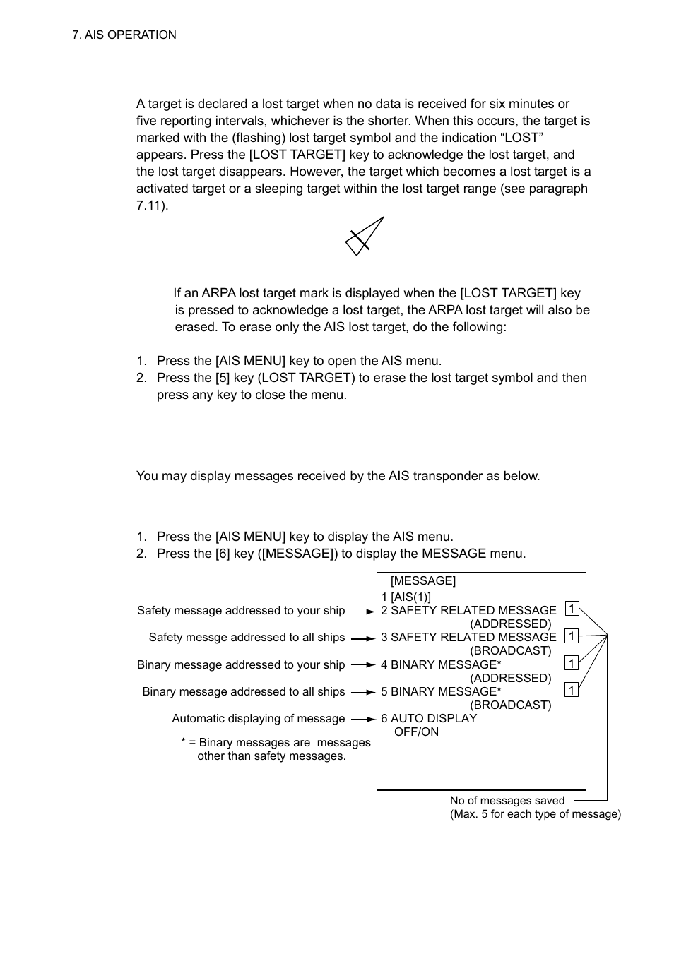 6 lost target, 7 messages, 1 displaying messages manually | Furuno RP-250 User Manual | Page 42 / 73