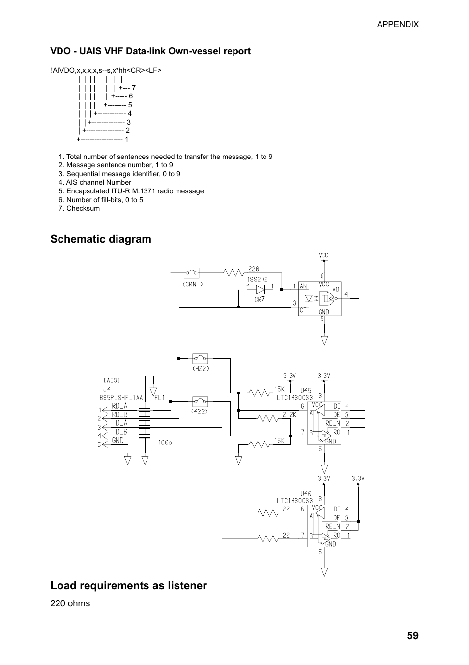 Schematic diagram, Load requirements as listener, Vdo - uais vhf data-link own-vessel report | Furuno RP-250 User Manual | Page 65 / 73