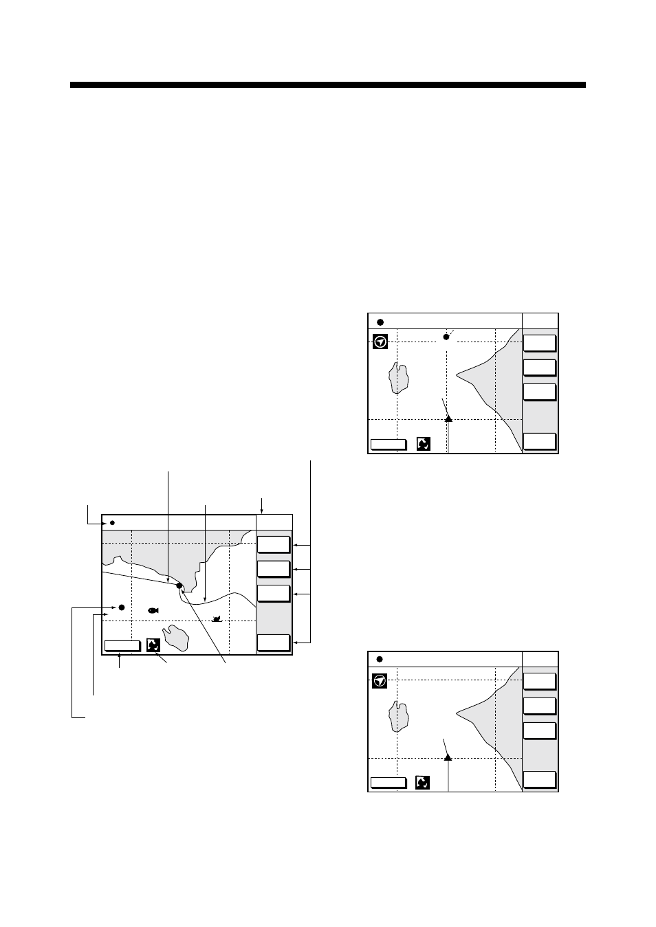 Plotter displays, 1 presentation modes, North-up | Course-up, Auto course-up, Figure 2-1 plotter display, north-up mode, Figure 2-2 plotter display, course-up mode, Figure 2-3 auto course-up mode | Furuno GP-1650 User Manual | Page 15 / 94