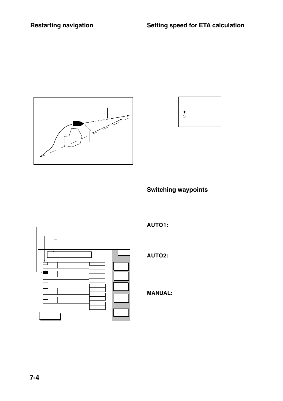 Restarting navigation, Setting speed for eta calculation, Switching waypoints | Original course obstacle line 1 line 2, Spd 10.0kt ™ gps avg spd | Furuno GP-1650 User Manual | Page 46 / 94