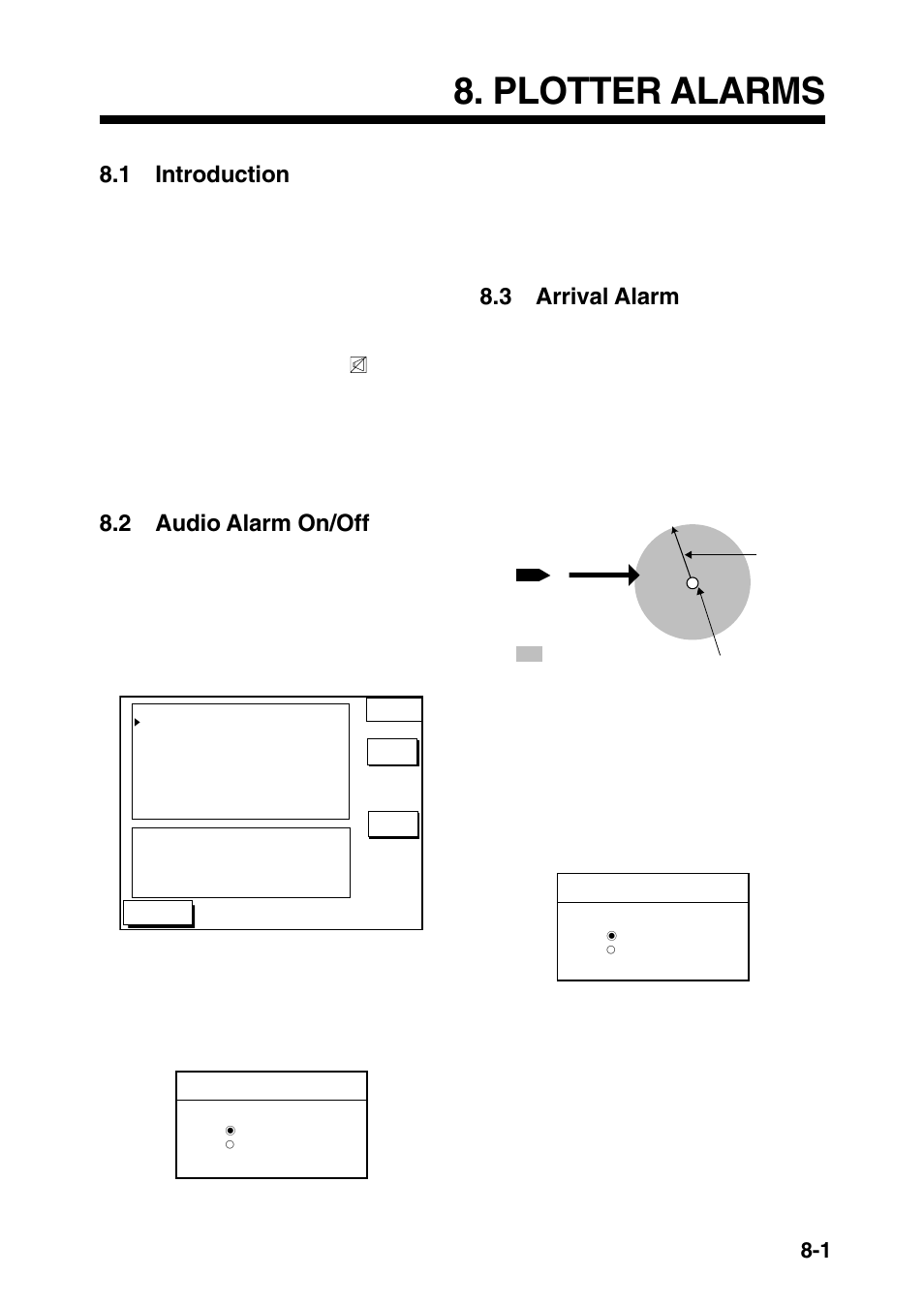 Plotter alarms, 1 introduction, 2 audio alarm on/off | 3 arrival alarm | Furuno GP-1650 User Manual | Page 49 / 94