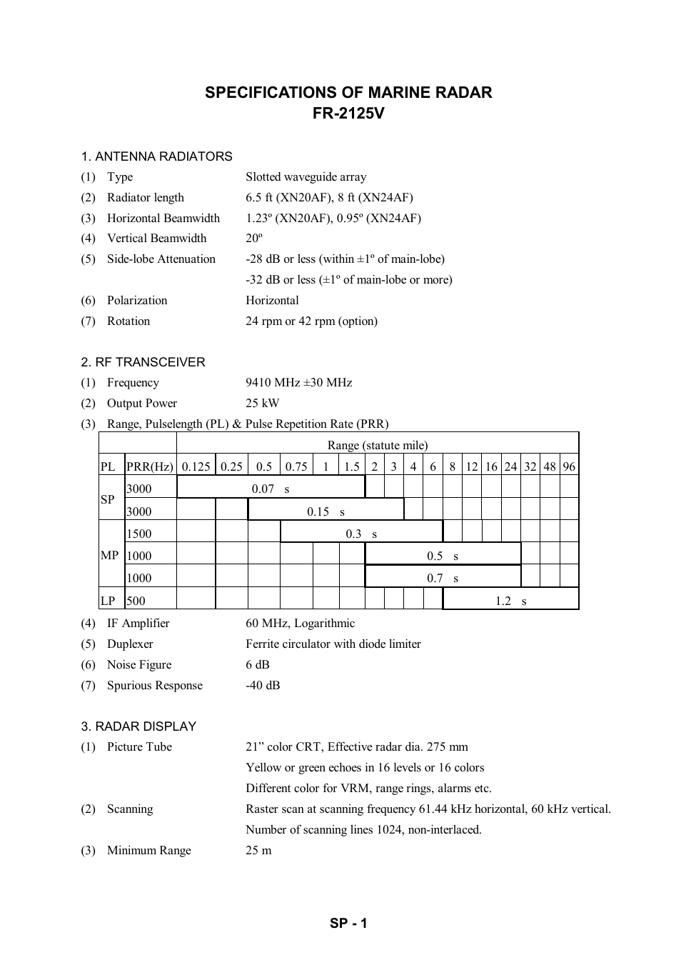 Specifications, Specifications of marine radar fr-2125v | Furuno FR-2125V User Manual | Page 134 / 138