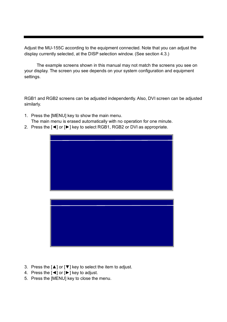 Adjustments, 1 rgb/dvi setting, Rgb1 (rgb2) setting menu | Furuno MU-155C User Manual | Page 13 / 36