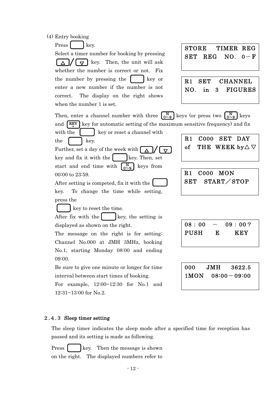 Store timer reg set reg no. 0－ f, R1 set channel no. in 3 figures, R1 c000 set day of the week by | R1 c000 mon set start／ stop | Furuno FAX-410 User Manual | Page 18 / 40