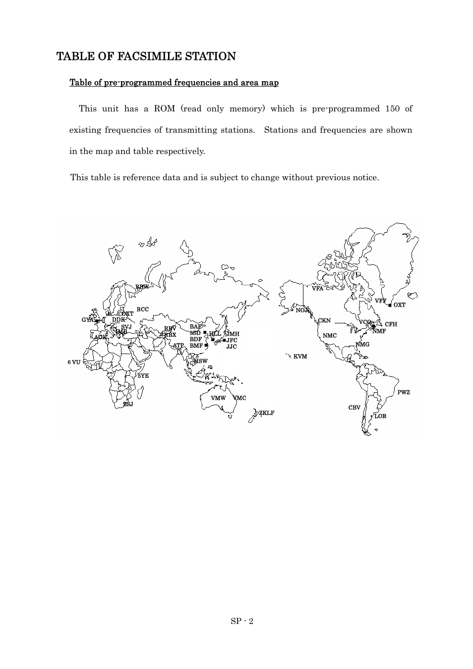 Table of facsimile station, Sp - 2 | Furuno FAX-410 User Manual | Page 32 / 40