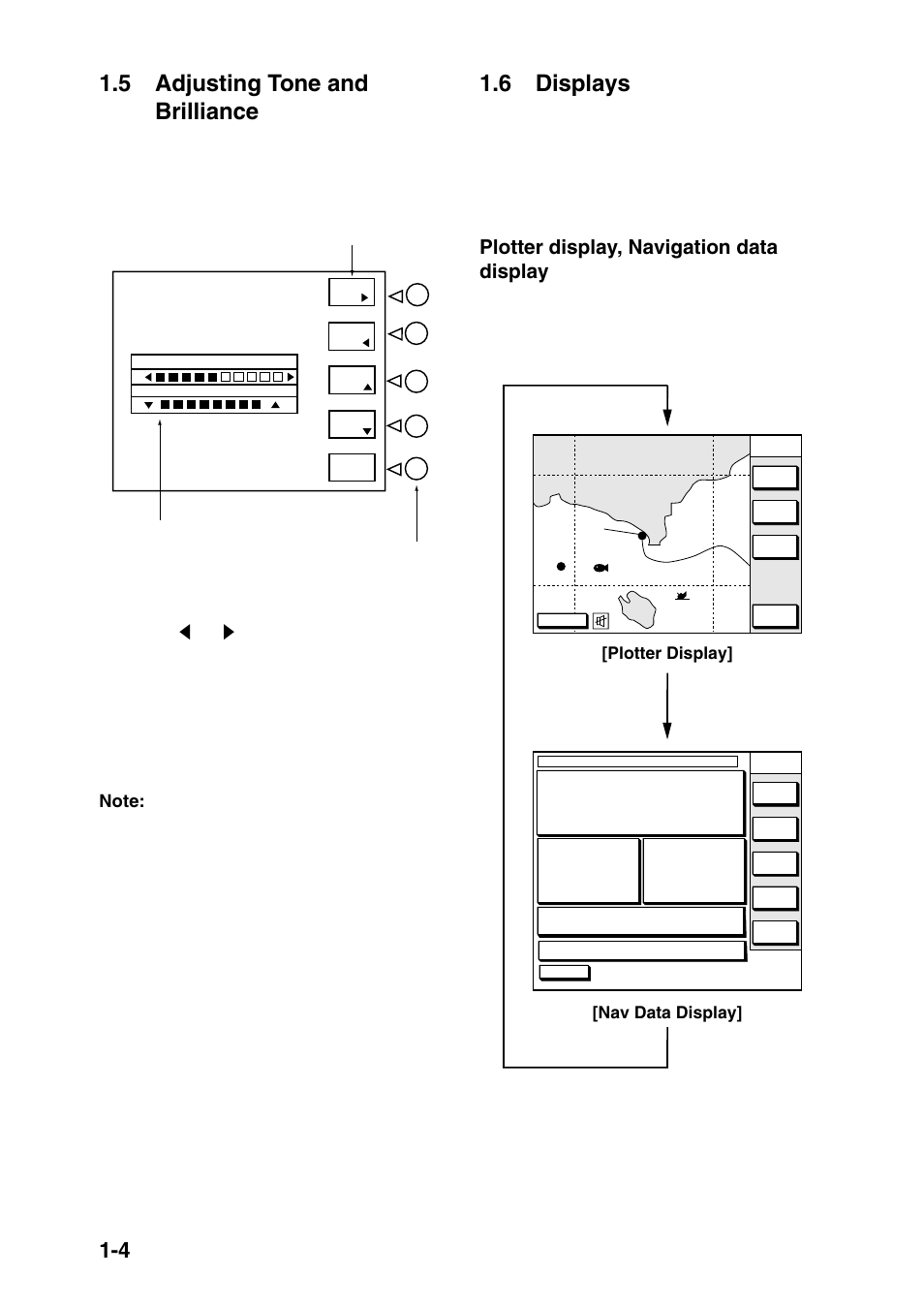 5 adjusting tone and brilliance, 6 displays, Plotter display, navigation data display | Furuno GP-1850D User Manual | Page 12 / 94