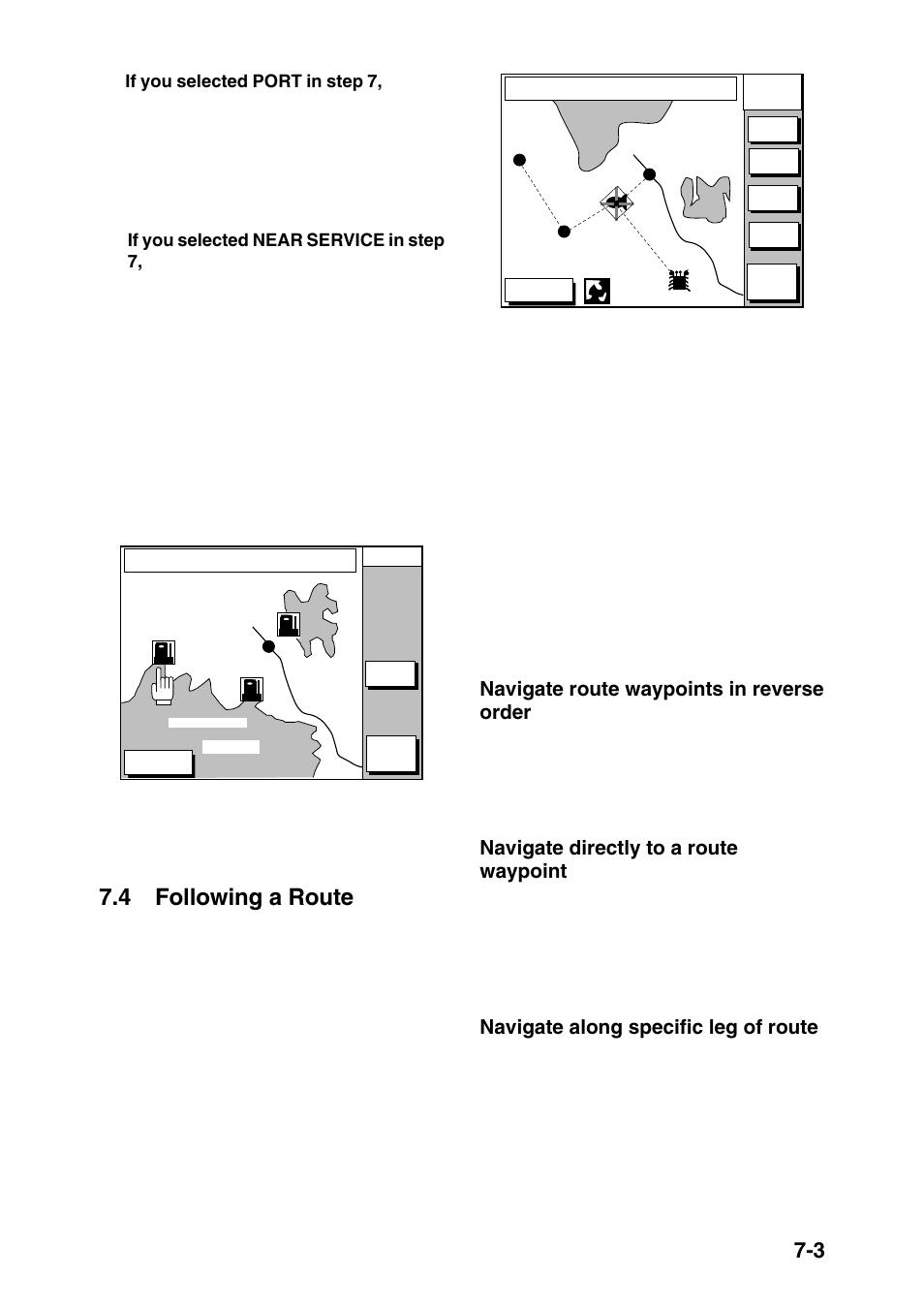 4 following a route, Navigate route waypoints in reverse order, Navigate directly to a route waypoint | Navigate along specific leg of route | Furuno GP-1850D User Manual | Page 45 / 94