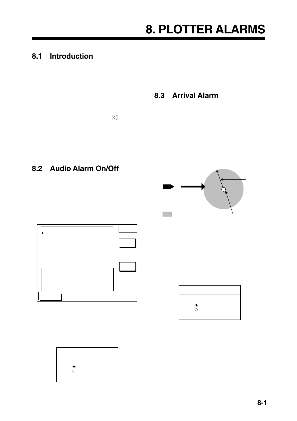 Plotter alarms, 1 introduction, 2 audio alarm on/off | 3 arrival alarm | Furuno GP-1850D User Manual | Page 49 / 94