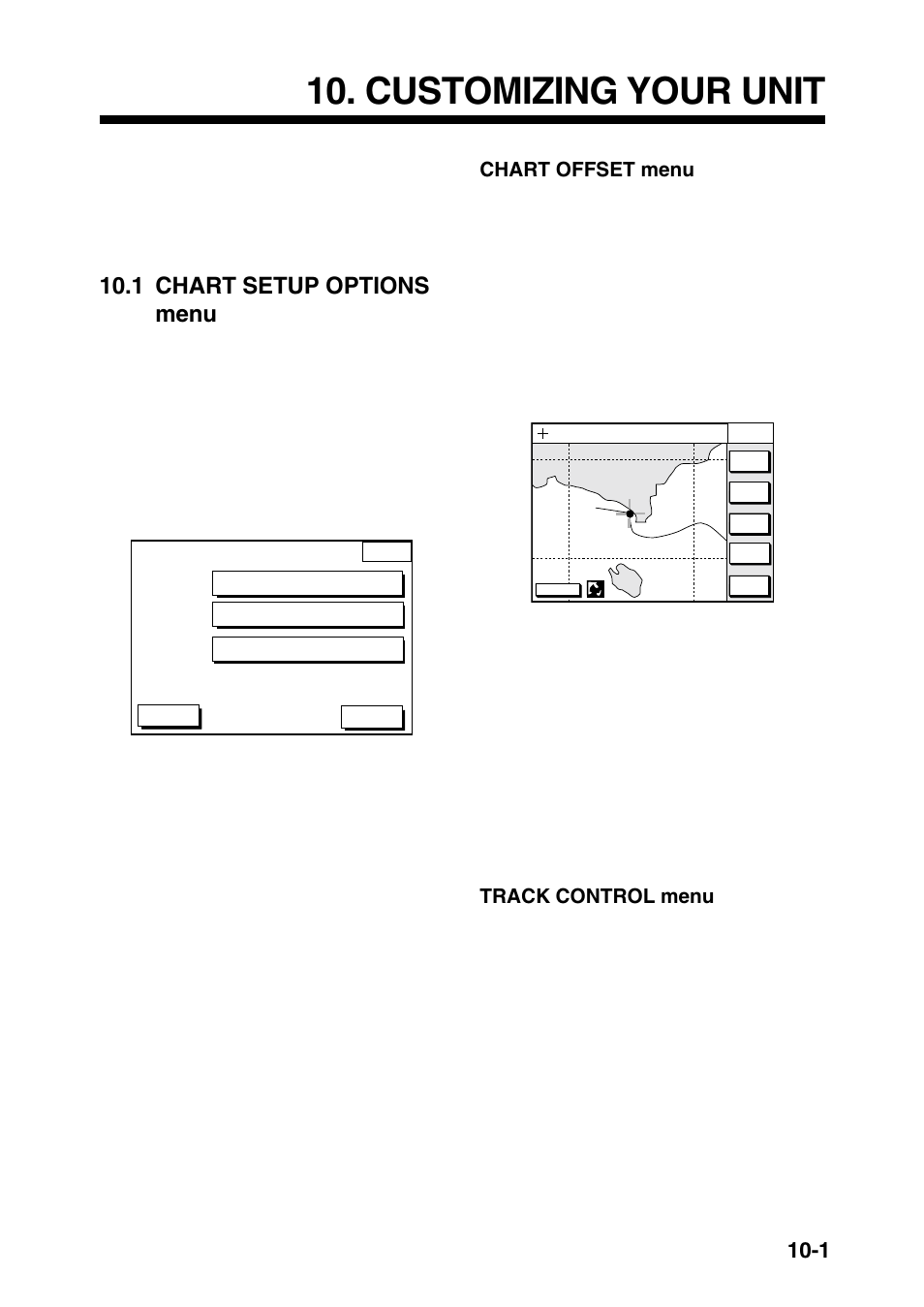 Customizing your unit, 1 chart setup options menu, Chart offset menu | Track control menu | Furuno GP-1850D User Manual | Page 57 / 94