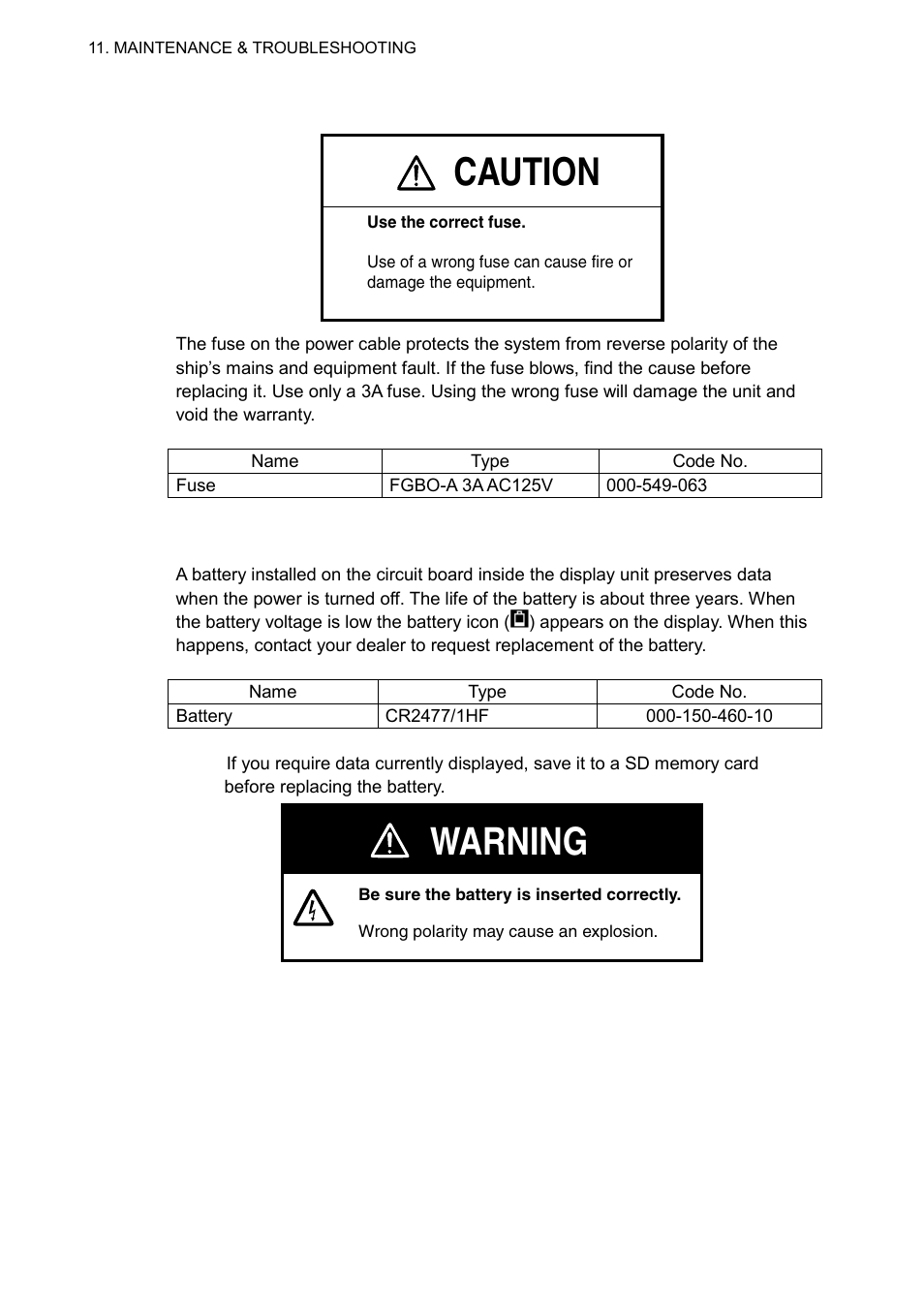 2 replacement of fuse, 3 replacement of battery, Caution | Warning | Furuno GP-7000F User Manual | Page 116 / 132