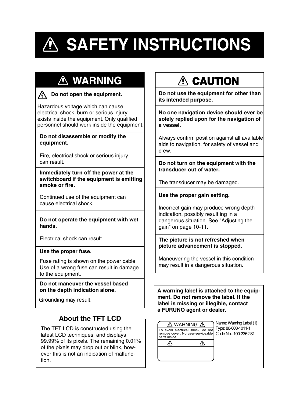 Safety instructions, Warning, Warning caution | Furuno GP-7000F User Manual | Page 4 / 132