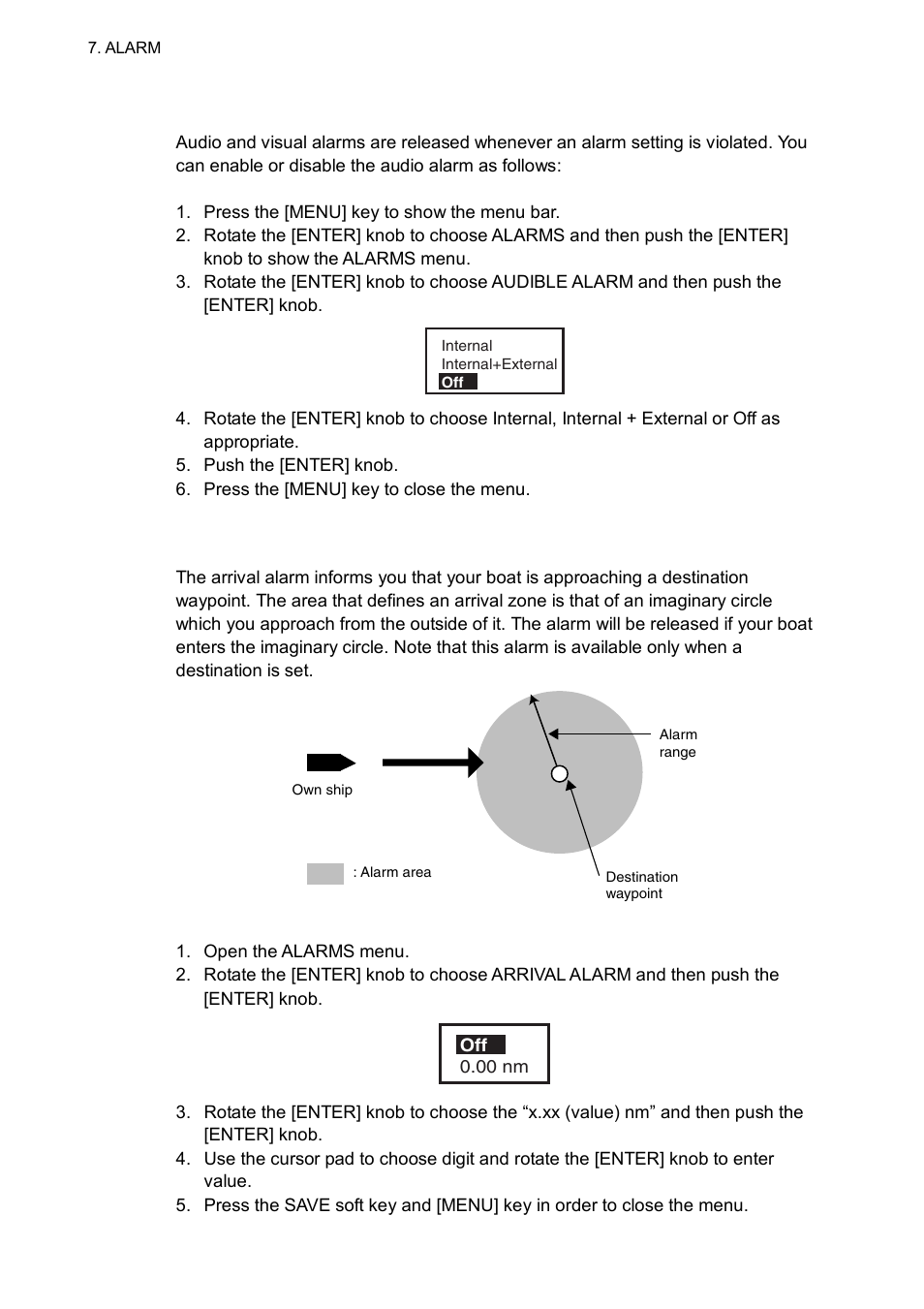 1 audible alarm on/off, 2 arrival alarm | Furuno GP-7000F User Manual | Page 64 / 132