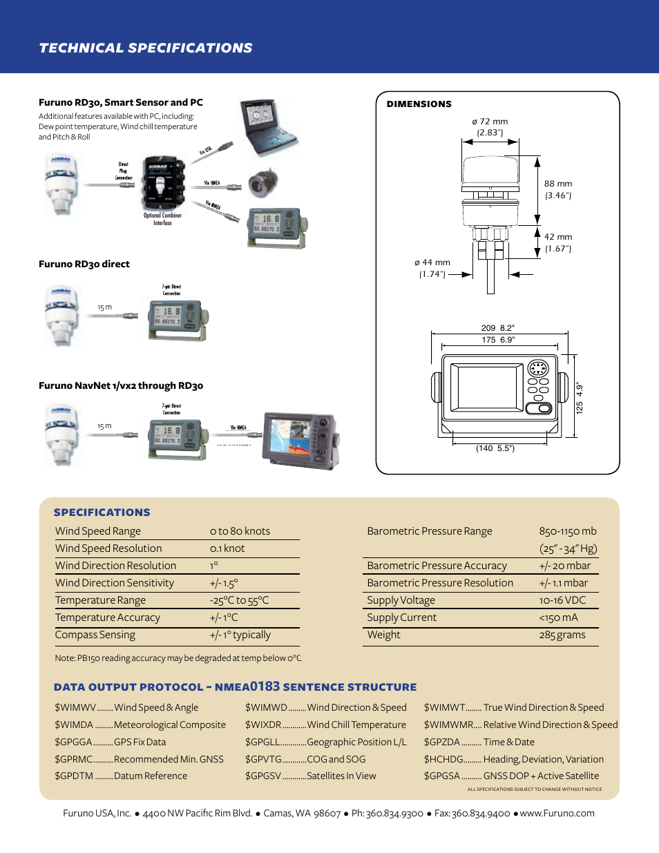 Technical specifications, Gp-30, Specifications | Data output protocol - nmea0183 sentence structure, Dimensions | Furuno PB150 User Manual | Page 2 / 2