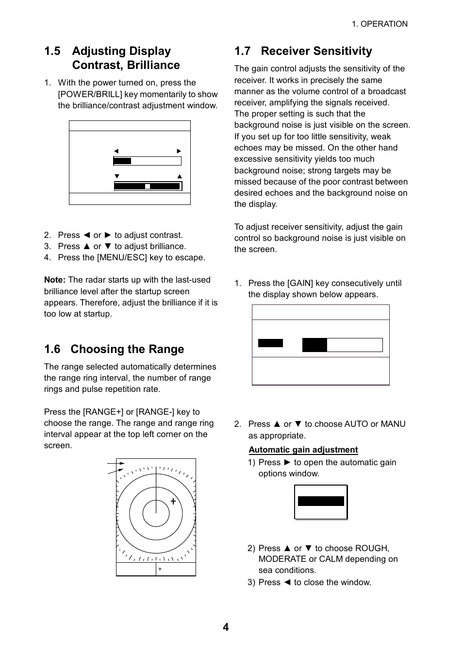 5 adjusting displaycontrast, brilliance, 6 choosing the range, 7 receiver sensitivity | 5 adjusting display contrast, brilliance | Furuno 1715 User Manual | Page 12 / 48