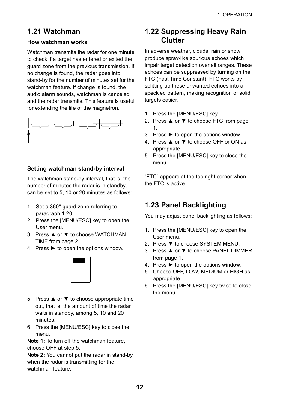 21 watchman, 22 suppressing heavy rainclutter, 23 panel backlighting | 22 suppressing heavy rain clutter | Furuno 1715 User Manual | Page 20 / 48