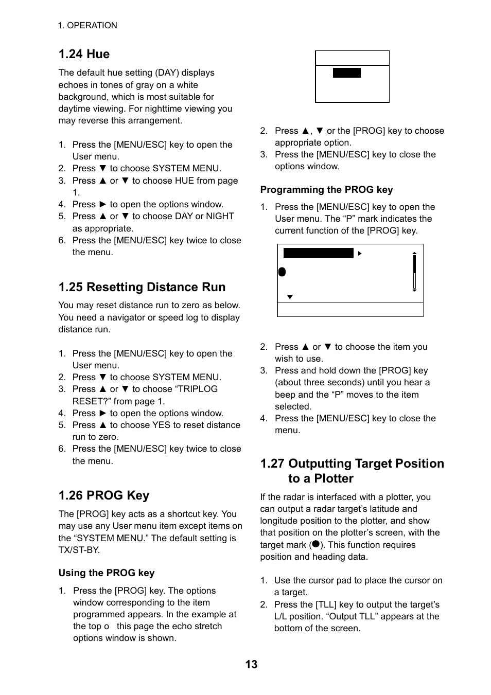 24 hue, 25 resetting distance run, 26 prog key | 27 outputting target positionto a plotter, 27 outputting target position to a plotter | Furuno 1715 User Manual | Page 21 / 48