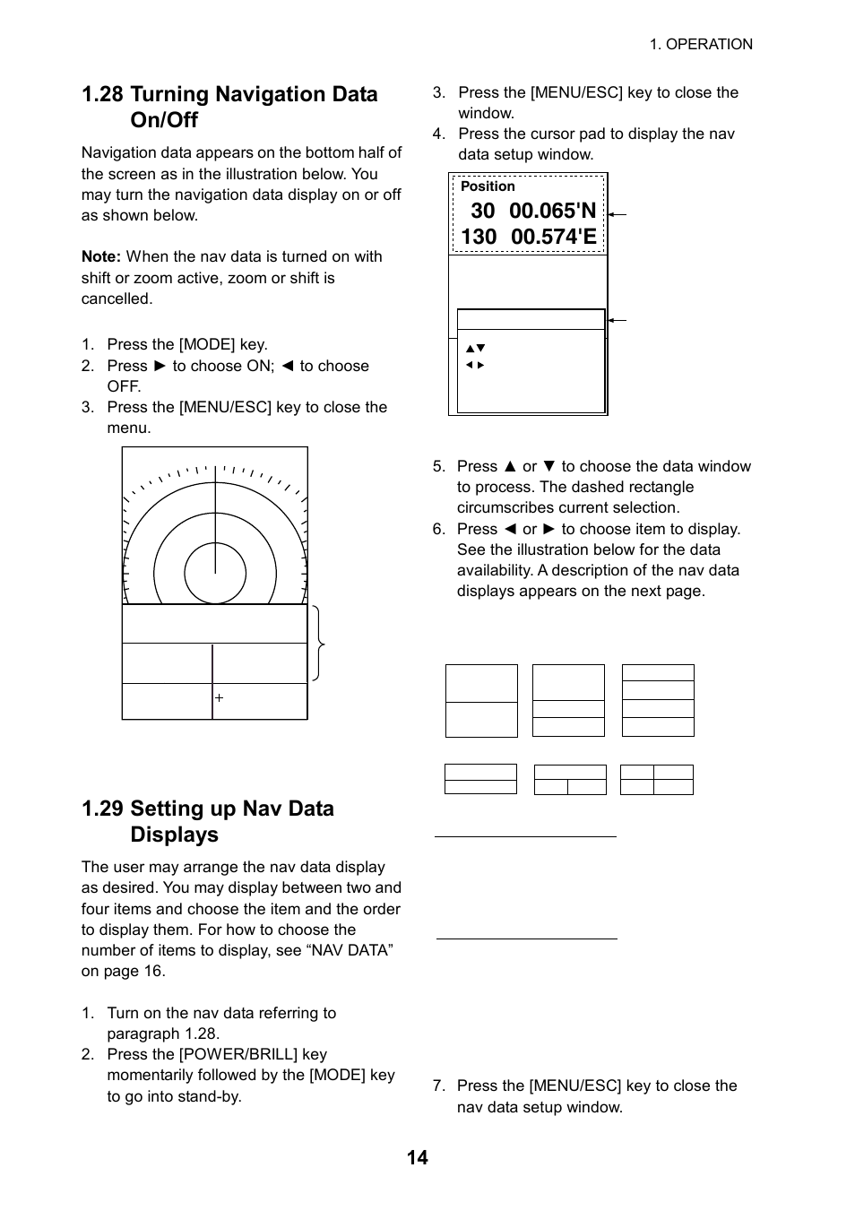 28 turning navigation dataon/off, 29 setting up nav datadisplays, 28 turning navigation data on/off | 29 setting up nav data displays | Furuno 1715 User Manual | Page 22 / 48