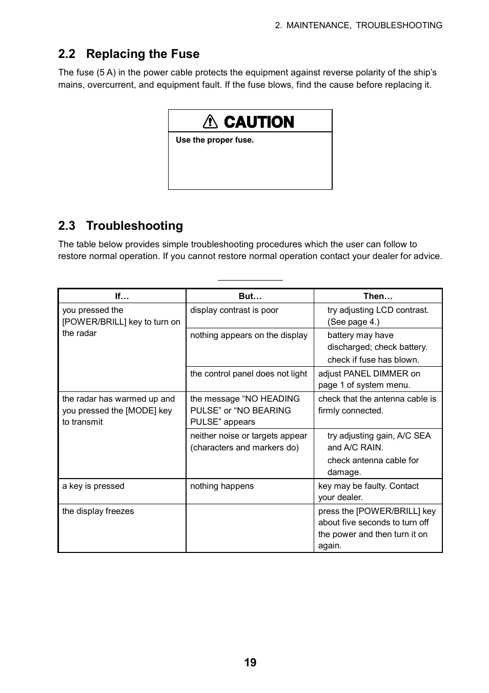 2 replacing the fuse, 3 troubleshooting, Caution | Furuno 1715 User Manual | Page 27 / 48