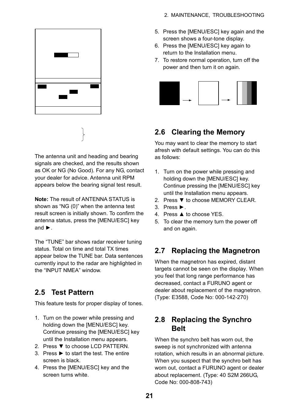 5 test pattern, 6 clearing the memory, 7 replacing the magnetron | 8 replacing the synchrobelt, 8 replacing the synchro belt | Furuno 1715 User Manual | Page 29 / 48