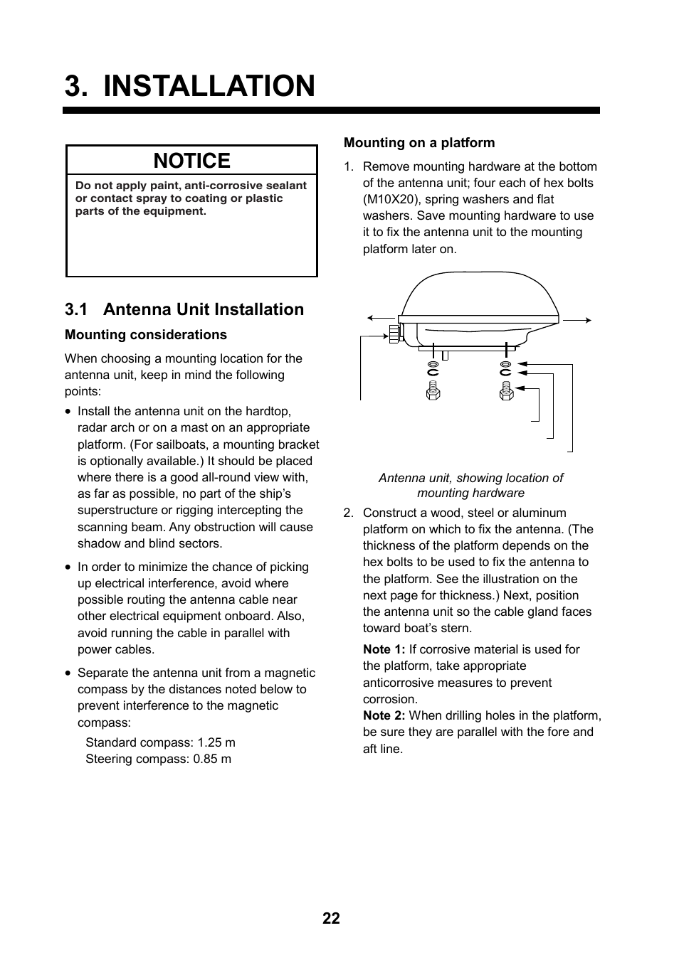 Installation, 1 antenna unit installation, Notice | Furuno 1715 User Manual | Page 30 / 48