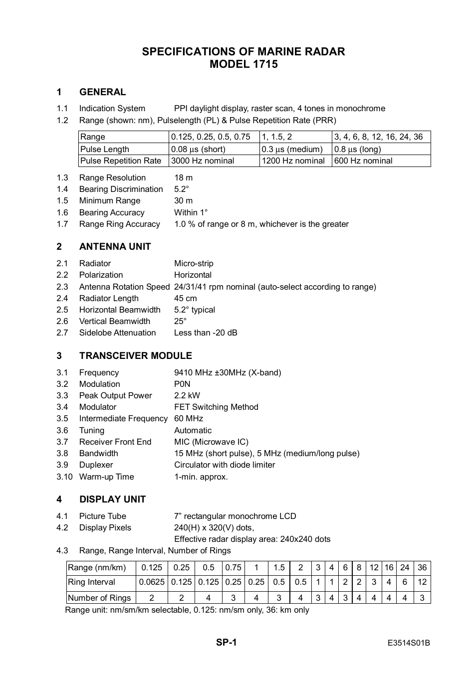 Specifications, Specifications of marine radar model 1715 | Furuno 1715 User Manual | Page 40 / 48