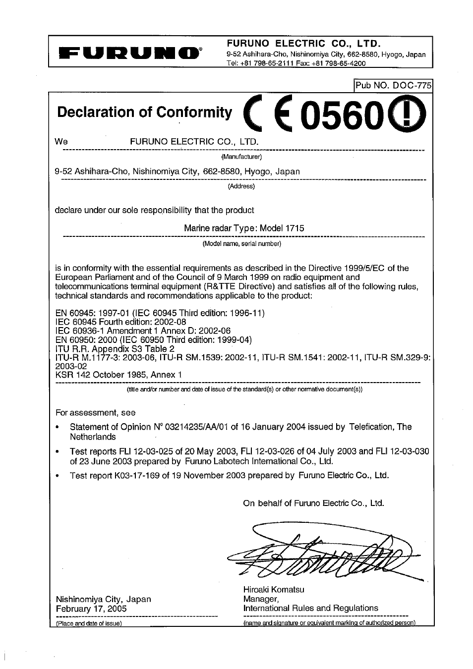 Declaration of conformity | Furuno 1715 User Manual | Page 47 / 48