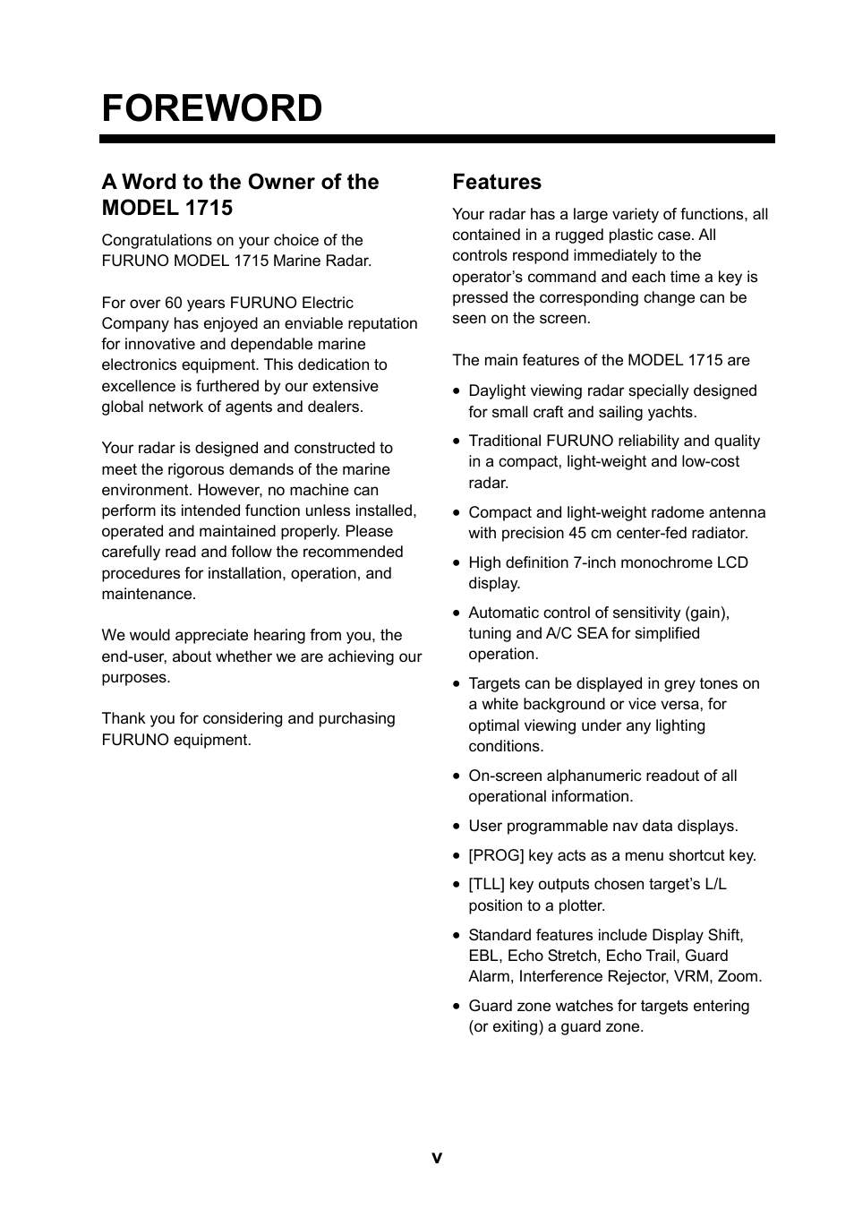 Foreword, A word to the owner of the model 1715, Features | Furuno 1715 User Manual | Page 6 / 48