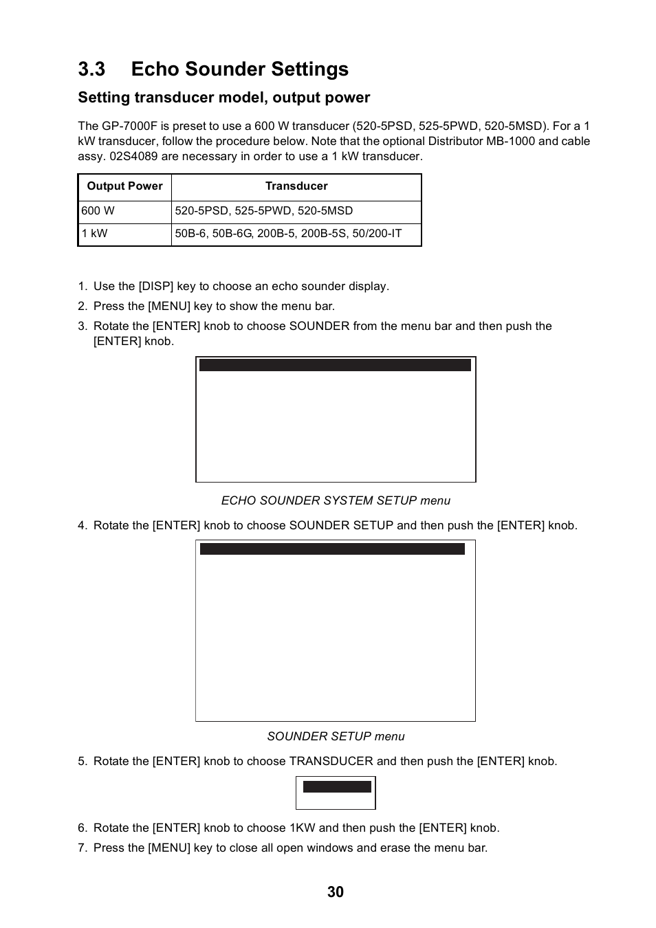 3 echo sounder settings, Setting transducer model, output power | Furuno GP-7000F User Manual | Page 36 / 52