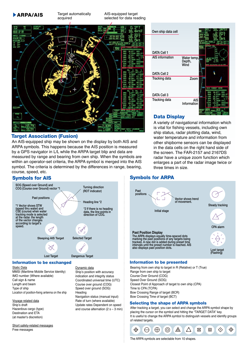 Sarpa/ais, Target association (fusion), Data display | Symbols for ais, Symbols for arpa | Furuno FAR-2157 User Manual | Page 6 / 8
