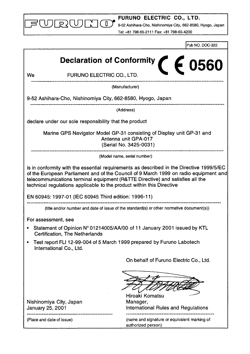 Declaration of conformity (gp-31, gp-36) | Furuno GP-36 User Manual | Page 80 / 81