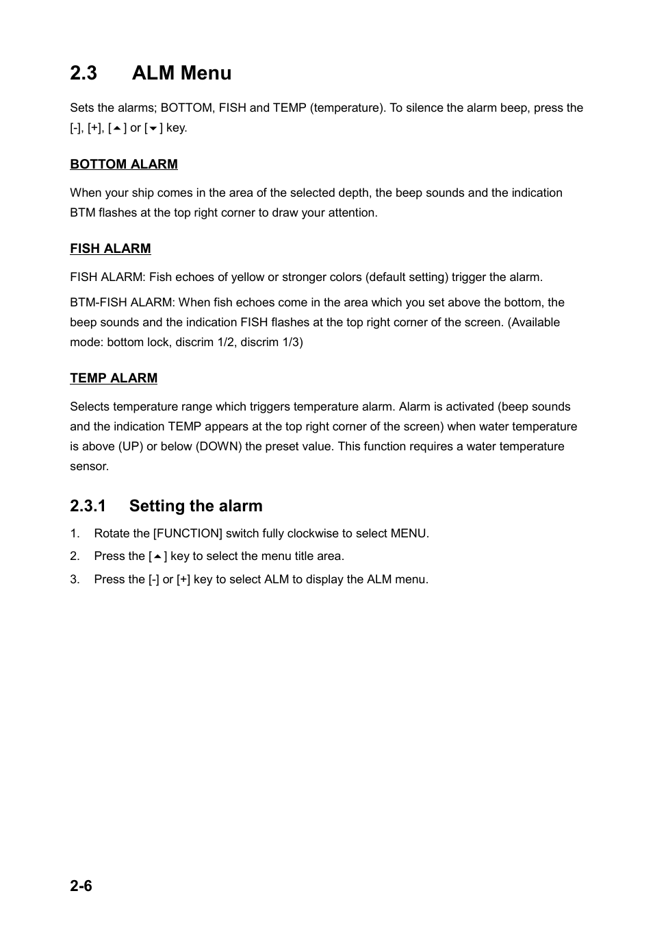 3 alm menu, 1 setting the alarm | Furuno FCV-1200LM User Manual | Page 40 / 94