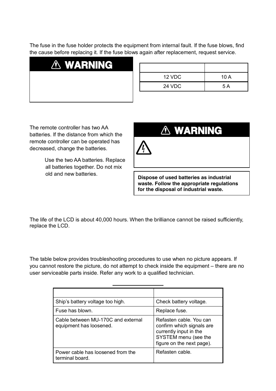 2 troubleshooting, Warning | Furuno MU-17OC User Manual | Page 26 / 65